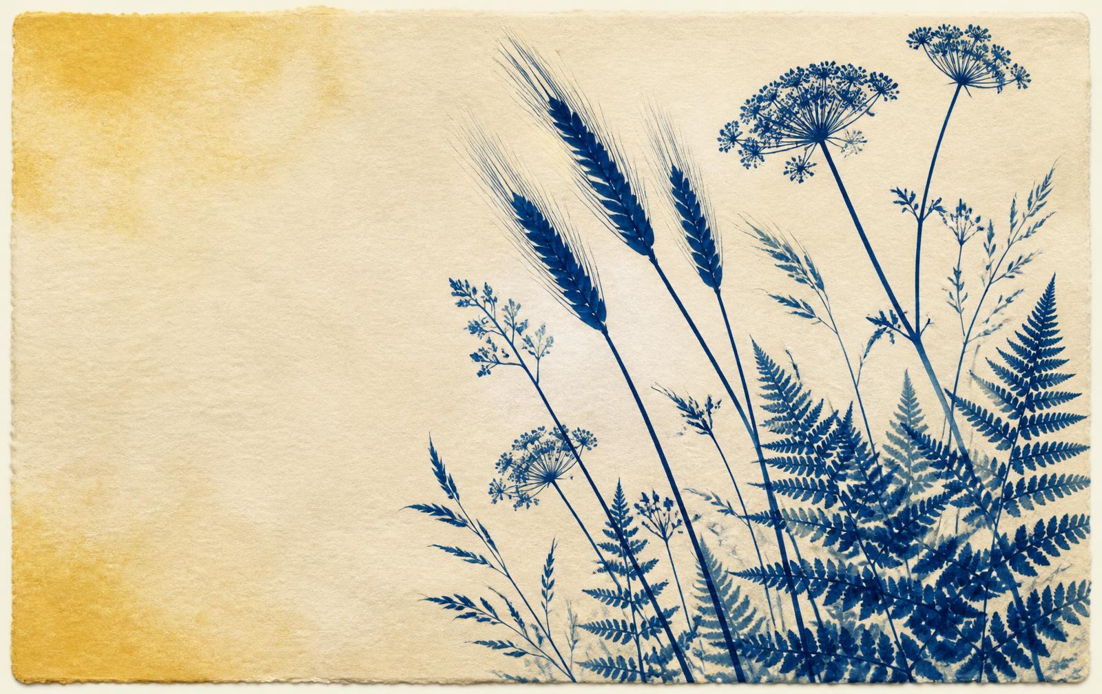 Cyanotype print of wheat, ferns and wild carrot in deep blue on cream paper